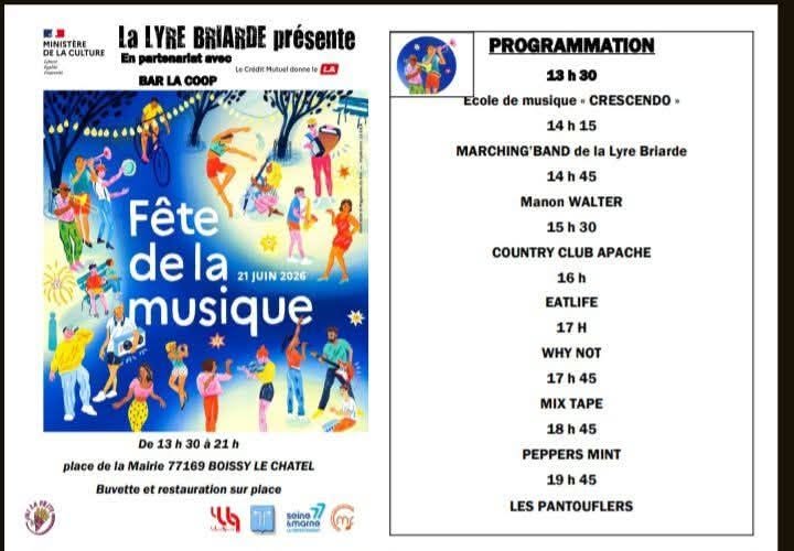 F&ecirc;te de la Musique &mdash; 21 juin 2026, place de la Mairie &agrave; Boissy-le-Ch&acirc;tel
